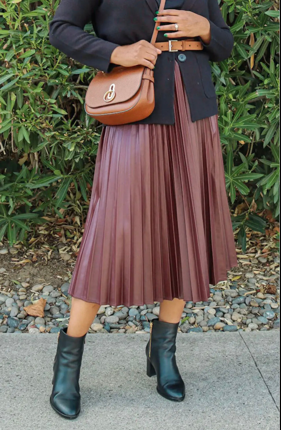 Modestly Chic Pleated Leather Midi Skirt