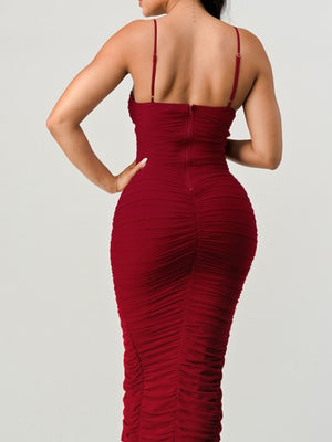 Desire Ruched Slitted Midi Dress