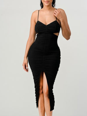 Desire Ruched Slitted Midi Dress