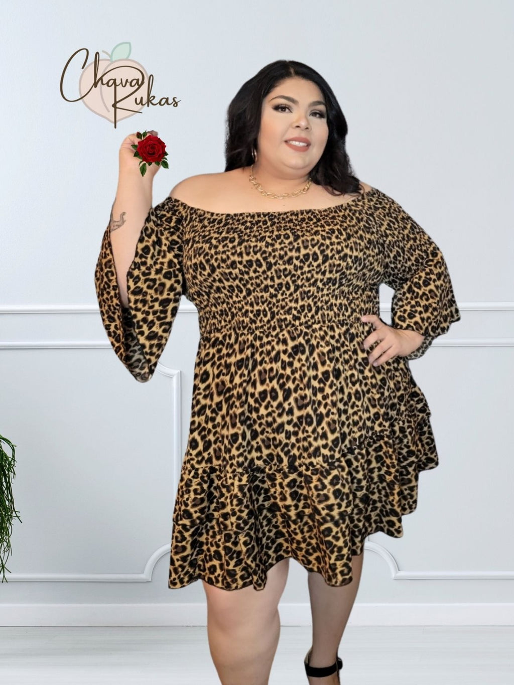 Untamed Leopard Print Ruffle Flare Sleeve Dress- plus